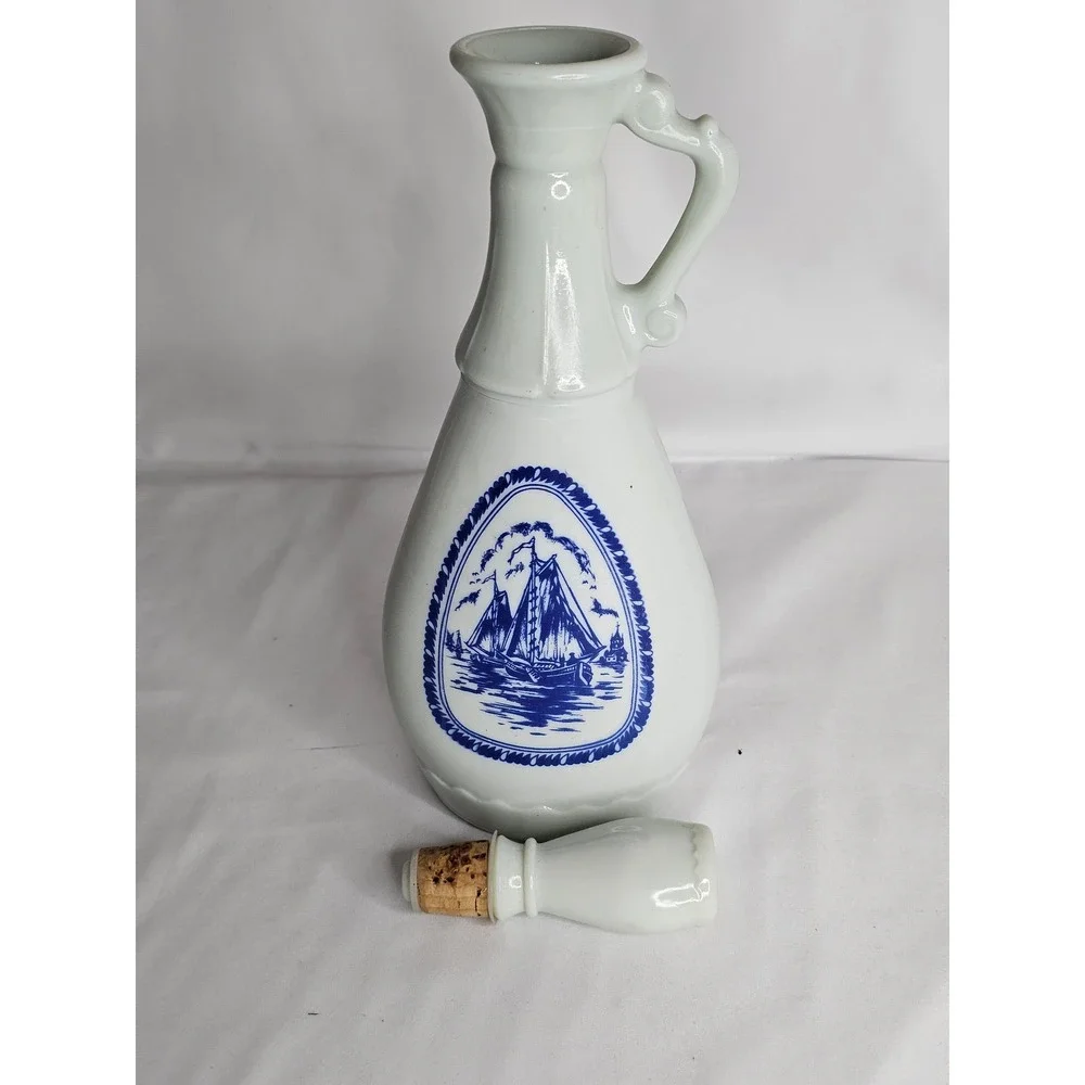 Vintage Milk Glass Ship Decanter Nautical Blue Sailing Boat Windmill Stopper